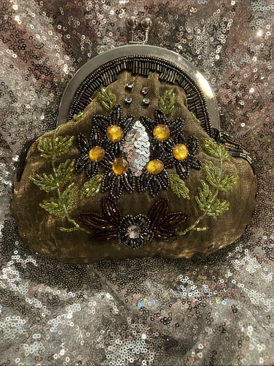 Vintage Handbags - Embroidered Olive Green Beaded Clutch